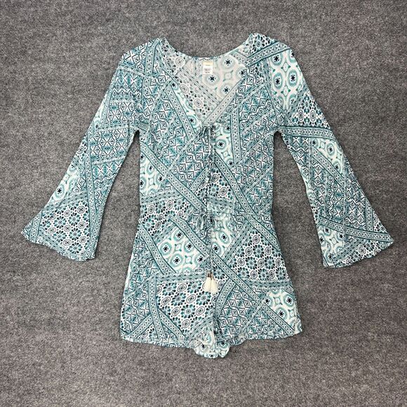 L Space Aubrey Romper Womens XS Extra Small Blue Patchwork Boho Tassel Tie Short - Picture 3 of 12